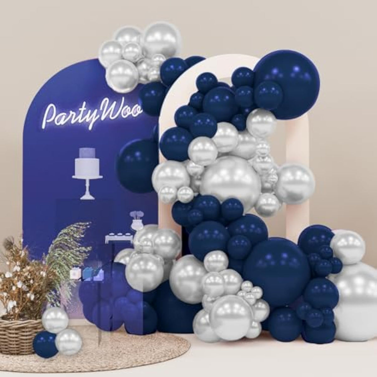 142PCS Navy Blue and Silver Balloons in Various Sizes for Garland or Party Decor