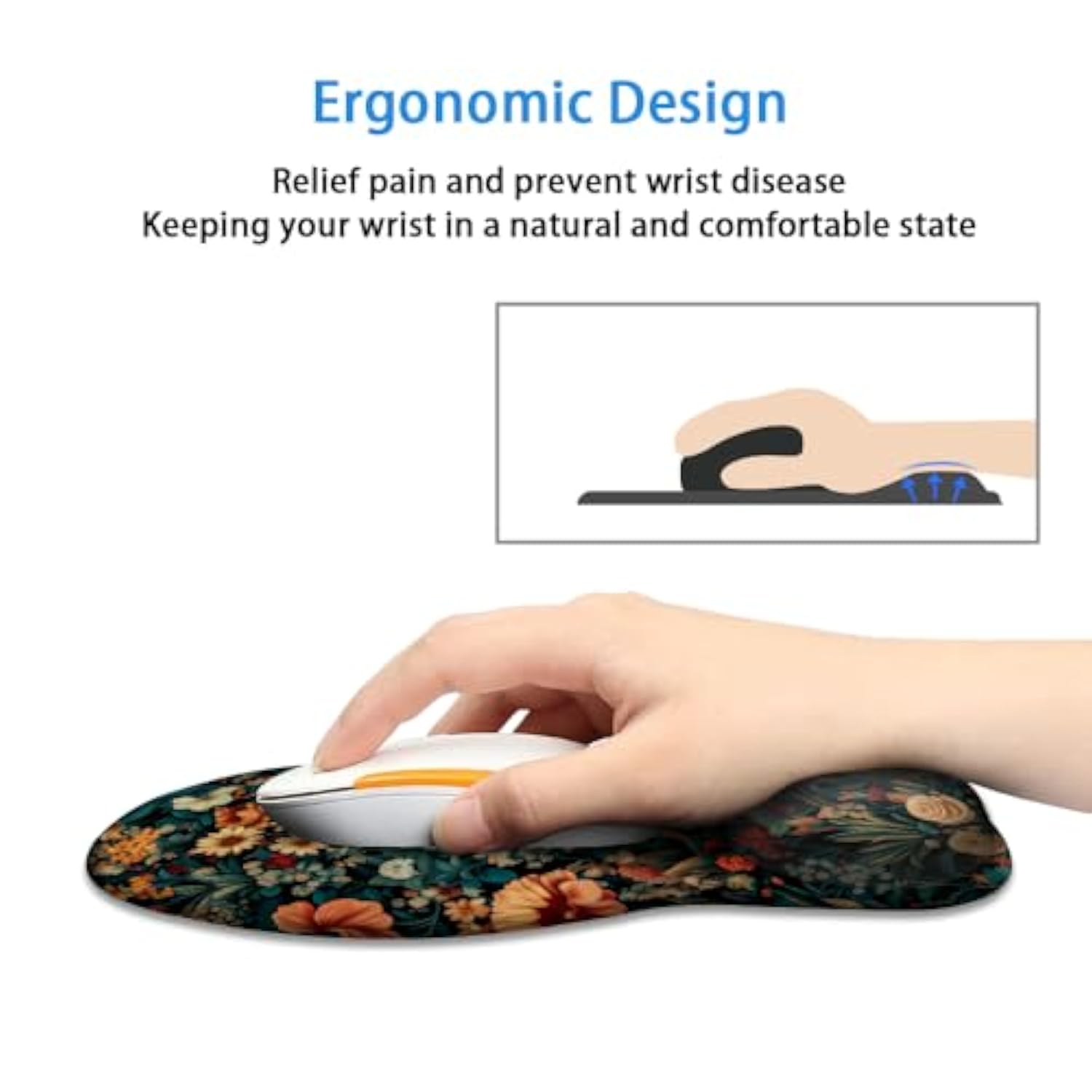 Ergonomic Mouse Pad With Wrist Rest,Comfortable Computer Gel Mouse Pad Wrist Support For Laptop,Pain Relief Mousepad With Non-Slip Pu Base Retro Floral