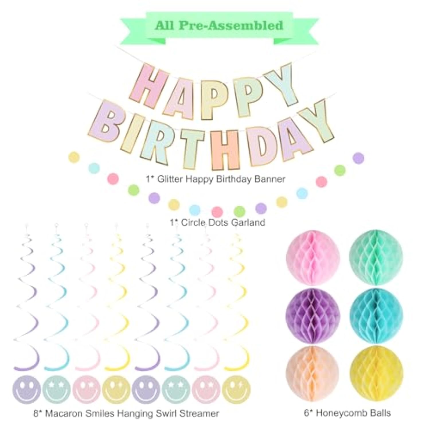 Birthday Decorations, No Diy, Pre-Strung Happy Birthday Banner With Honeycomb Balls, Hanging Swirls, Circle Dots Garland, Happy Birthday Party Decorations For Women Men Boys Girls (Pastel)