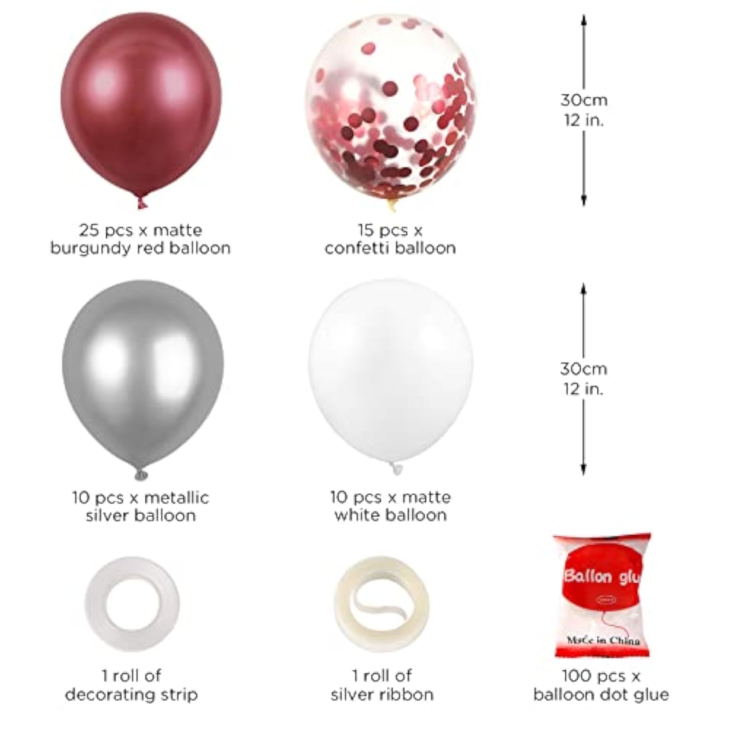 60 Pack Burgundy Red White Silver Maroon Balloons Garland Arch Kit, 12