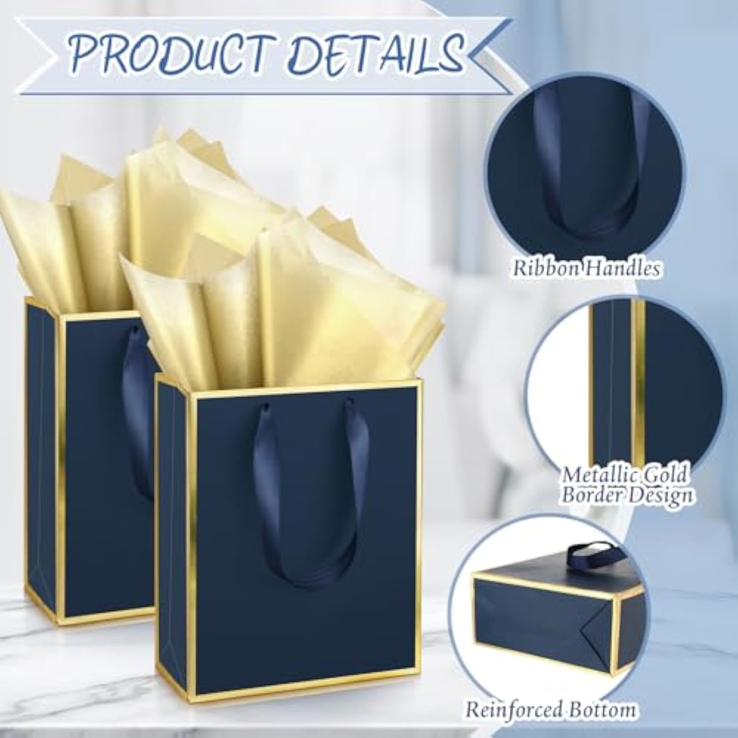 24 Pack Metallic Paper Gift Bags With Handle And Tissue 9X7X3.1 Welcome Gift Thank You Bags For Wedding Father'S Day Bridal Shower Groomsmen Birthday Party(Navy Blue, Gold)
