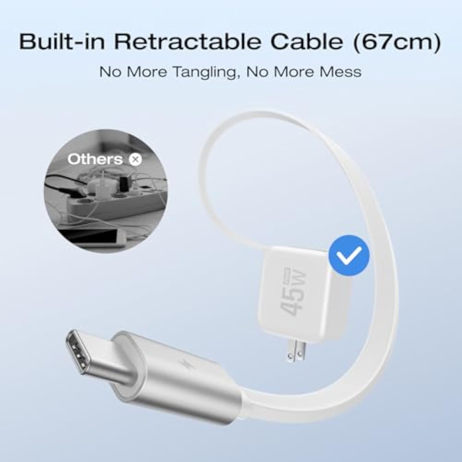 45W Usb C Charger With Retractable Cable, 3-In-1 Gan Phone Charger With Type C Cable, 2-Port Fast Charger Compatible With Iphone 16 Pro Max, Ipad Pro/Air, Galaxy S25, Steam Deck (White)