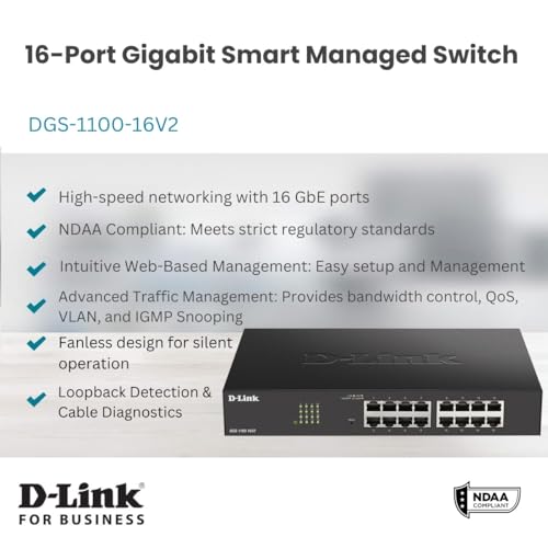 Ethernet Switch, 16 Port Easy Smart Managed Gigabit Network Internet Desktop (Dgs-1100-16V2)
