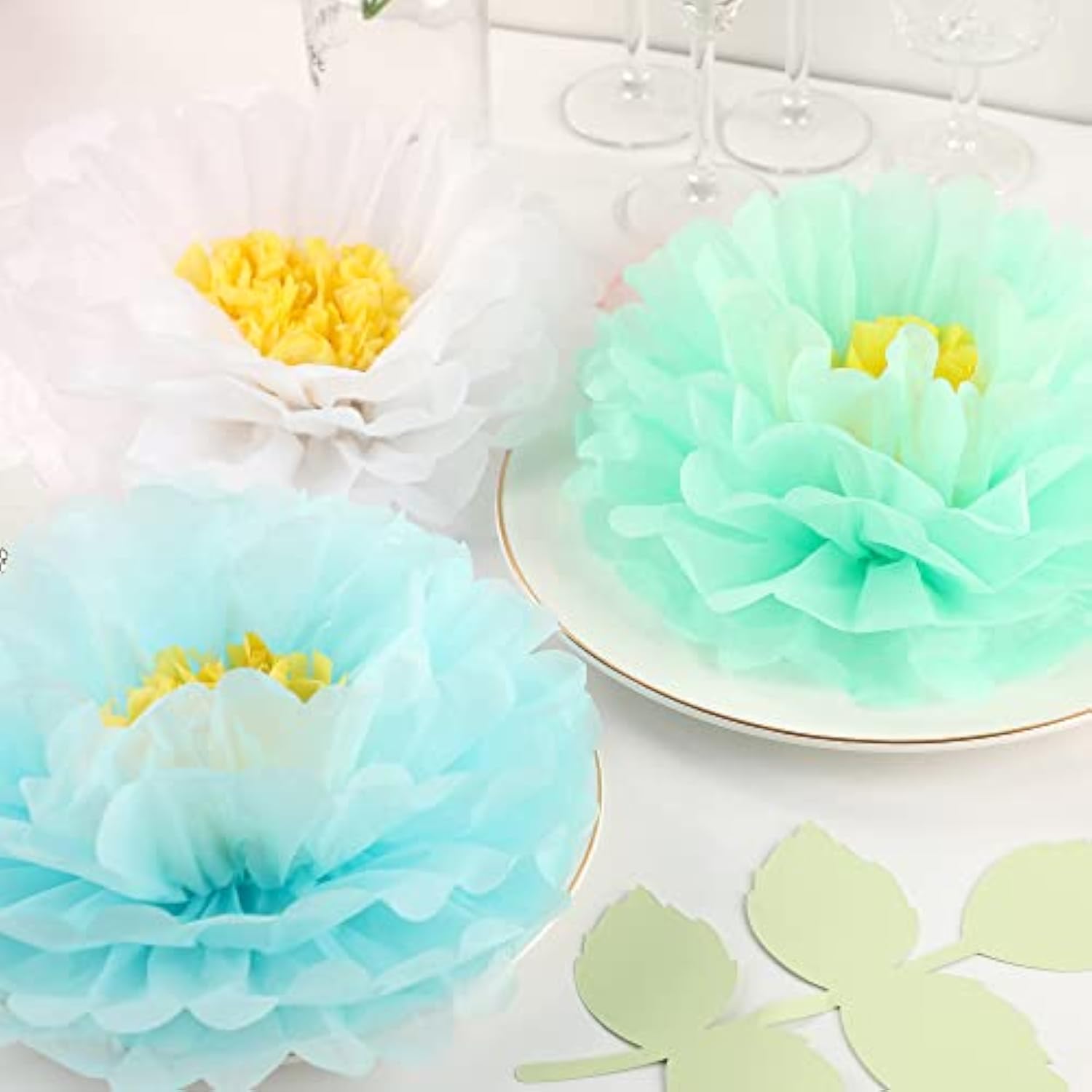 Tissue Paper Chrysanth Flowers With Butterfly And Olive Leaves For Wedding Baby Shower Nursery Room Parties & Events Decorations Pom Poms (White Mint Baby Blue)