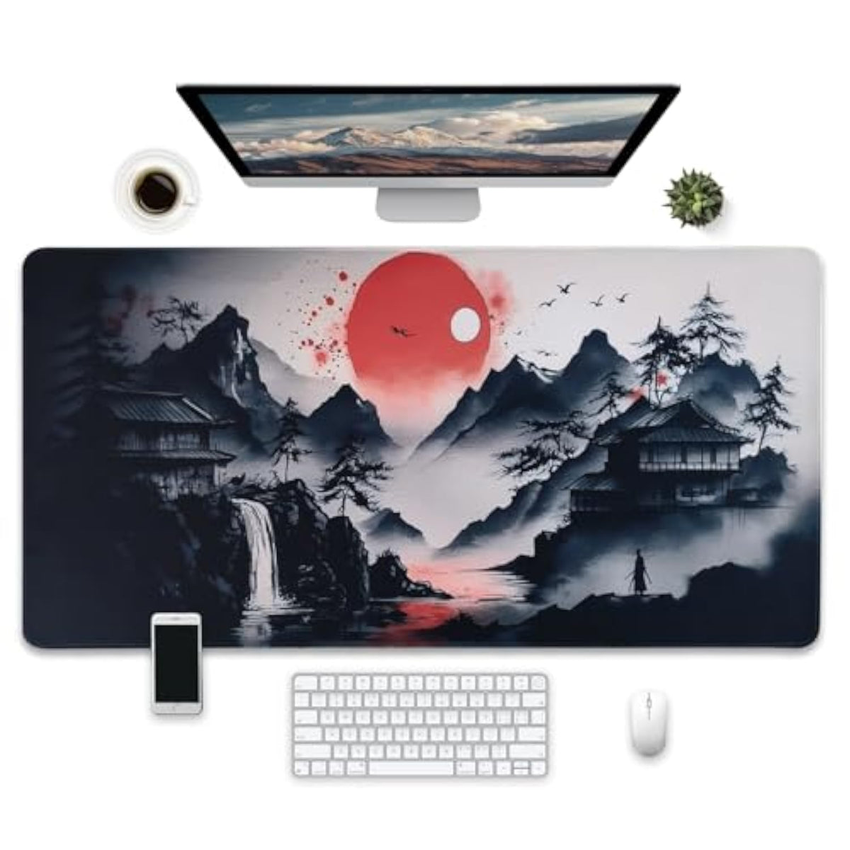 Japanese Art Landscape Extended Gaming Mouse Pad, Large Desk Mat With Non-Slip Base, 31.5 X 15.7 Inches, Red Sun Mountain Design