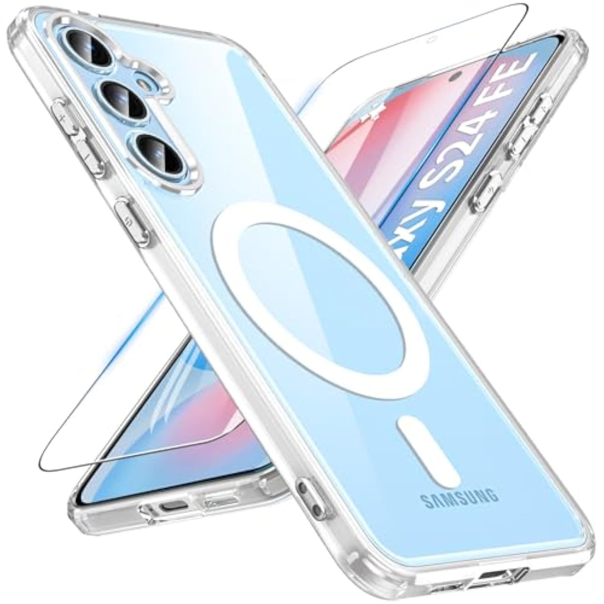 For Samsung Galaxy S24 Fe Case 6.7'', Magnetic Galaxy S24 Fe Case For Magsafe With Tempered Screen Protector [Shockproof Military] Translucent Matte Bumper Phone Cover Samsung S24 Fe 5G, Clear