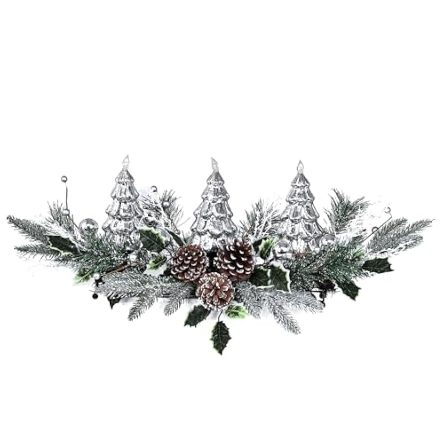 Christmas Table Centerpiece With Led Lights, Christmas Decoration With 3Pcs Silver Christmas Tree, Natural Pine Cones, Christmas Balls For Holiday Party, Home, Fireplace