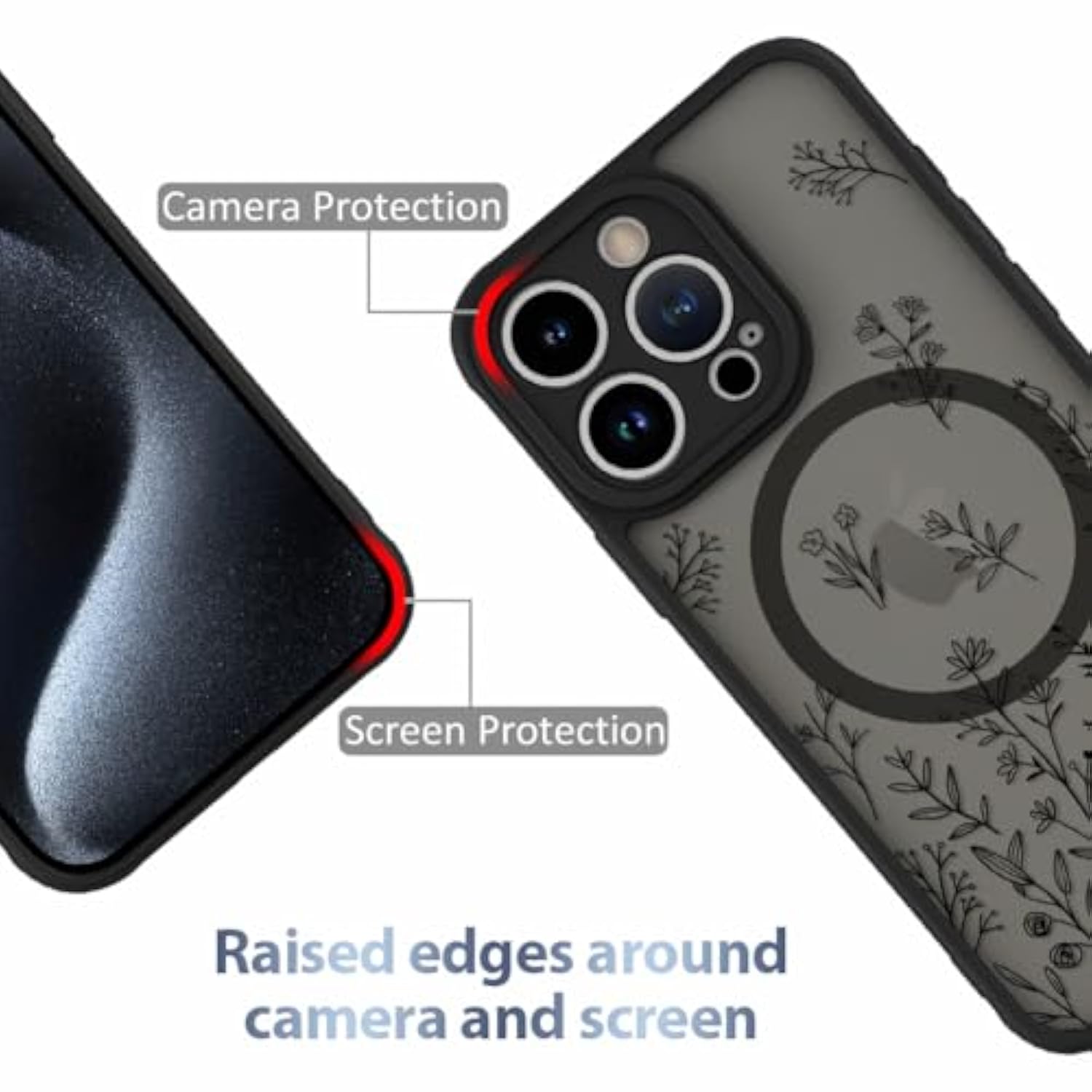 Magnetic Case For Iphone 15 Pro [Compatible With Magsafe] Cute Black Flower Floral For Women Girls Soft Tpu Bumper Hard Pc Back Anti-Fall Shockproof Protective Slim Cover