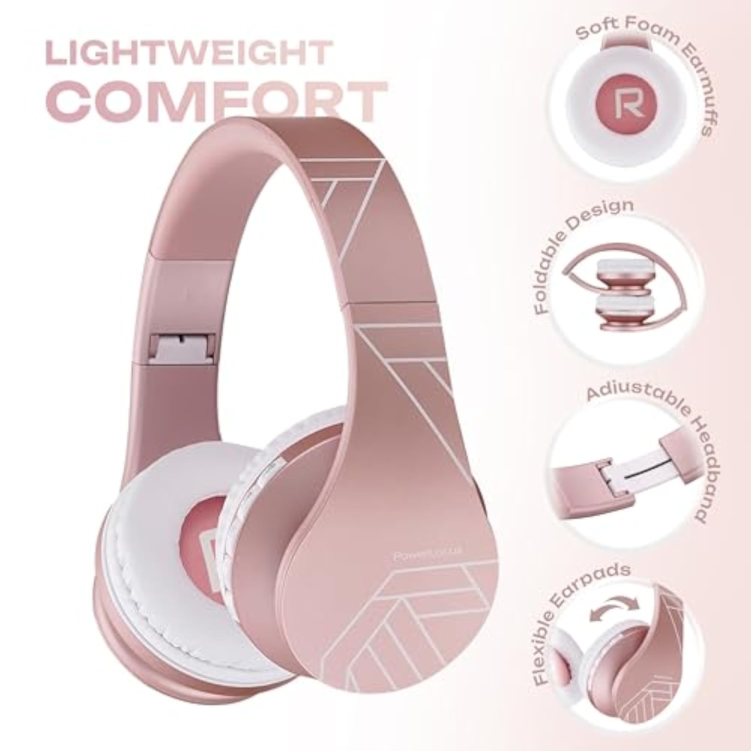 PowerLocus Bluetooth Headphones Over Ear, Bluetooth Headphone Rose Gold, Wirel