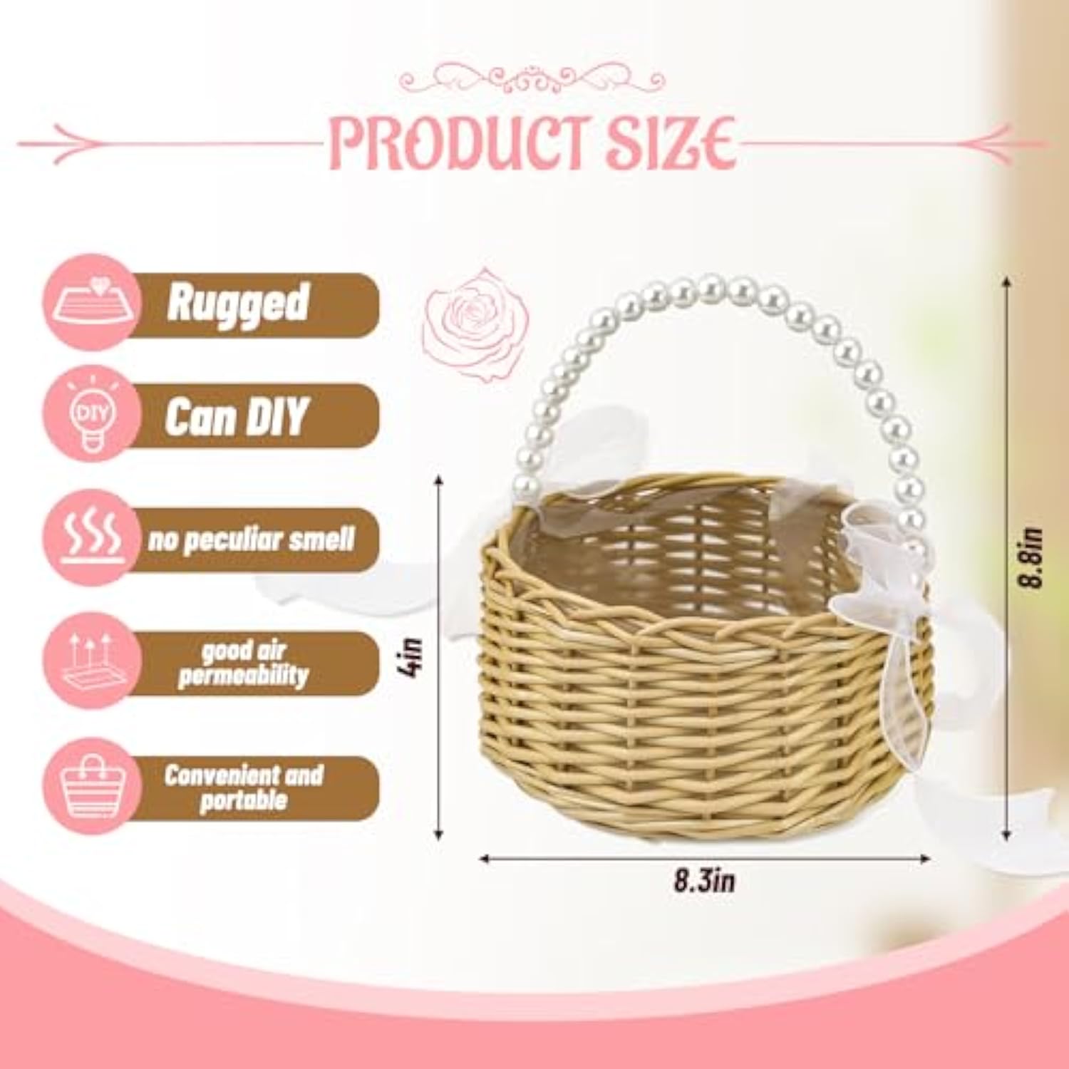 Flower Girl Basket, Wedding Flowers Basket, Large Wicker Flower Girl Basket With Pearl Handle And Ribbon Bow, Handwoven Wicker Flowers Baskets For Outdoor Picnic, Home Wedding Decor, Photo Props