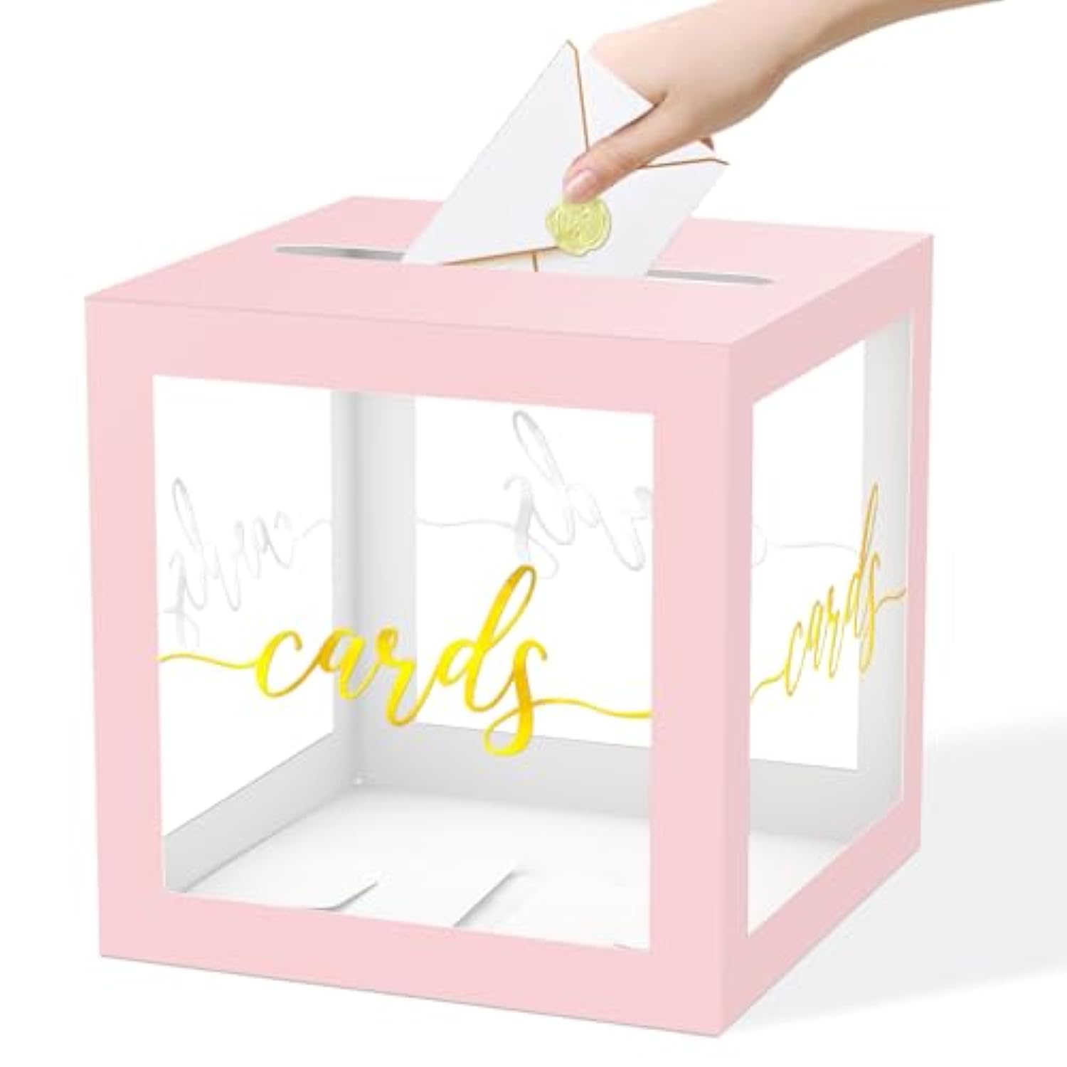 Clear Card Box For Party, 8.7" Gold Foil Gift Cards Receiving Box Holder For Wedding, Bridal Shower, Graduation, Birthday, Retirement, Baby Shower, Anniversaries Party Decorations (Pink)
