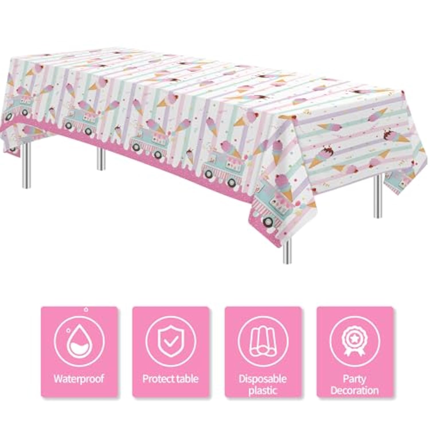 Ice Cream Party Tablecloth Decorations For Birthday Baby Shower, 3 Pack Disposable Here'S The Scoop Theme Sweet Ice Cream Truck Shop Birthday Party Supplies Table Cover, 54In X 108In