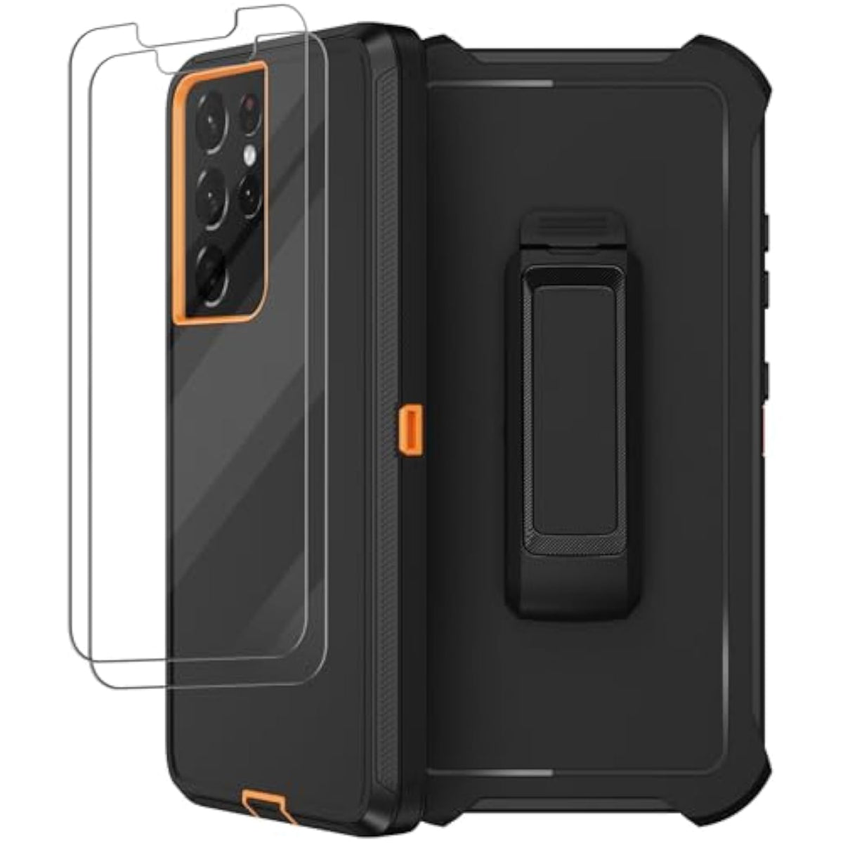 For Samsung Galaxy S21 Ultra Case With Belt Clip Holster, 2X Screen Protector, Heavy Duty Full Body Shockproof Drop-Proof Rugged Protective Cover For Samsung Galaxy S21 Ultra 5G 6.8 Inch Orange