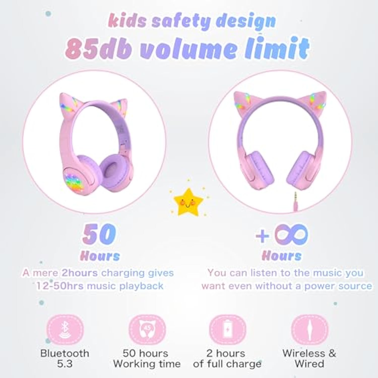 Cf9 Cat Ear Kids Bluetooth Headphones With Led Light Up,Safe 85Db Volume Limit,Built-In Mic&Boom Mic For Calls,Kids Wireless&Wired Headphones For Tablet/Airplane/School/Online Learning (Purple)