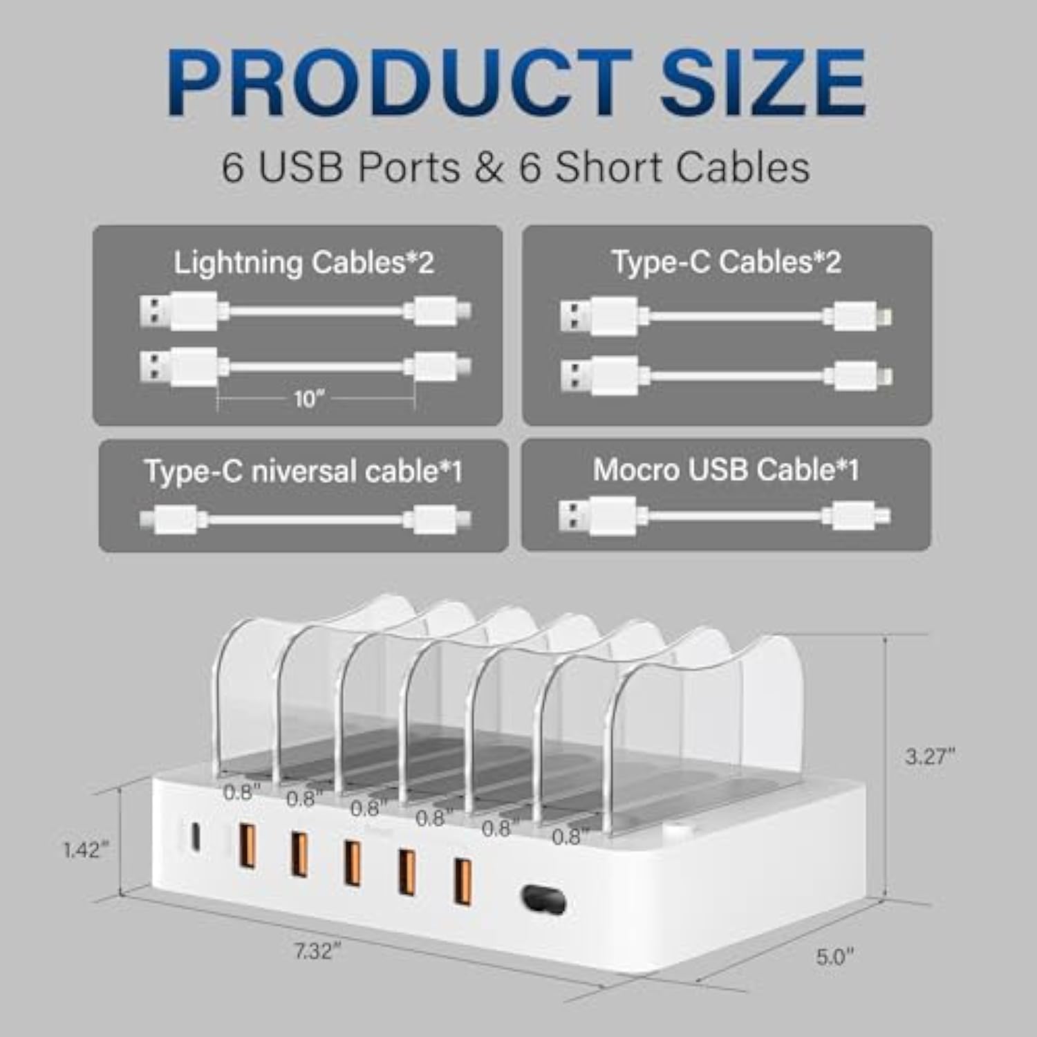 Charging Station For Multiple Devices: 68W 6 Port 20W Fast Phone Charger Dock With 6 Cables, Compatible With Apple Cellphone Ipad Iphone Tablet And Other Electronic (White)