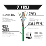 Cat6 Riser (Cmr), 1000Ft, Green - Solid Bare Copper Bulk Ethernet Cable - Utp