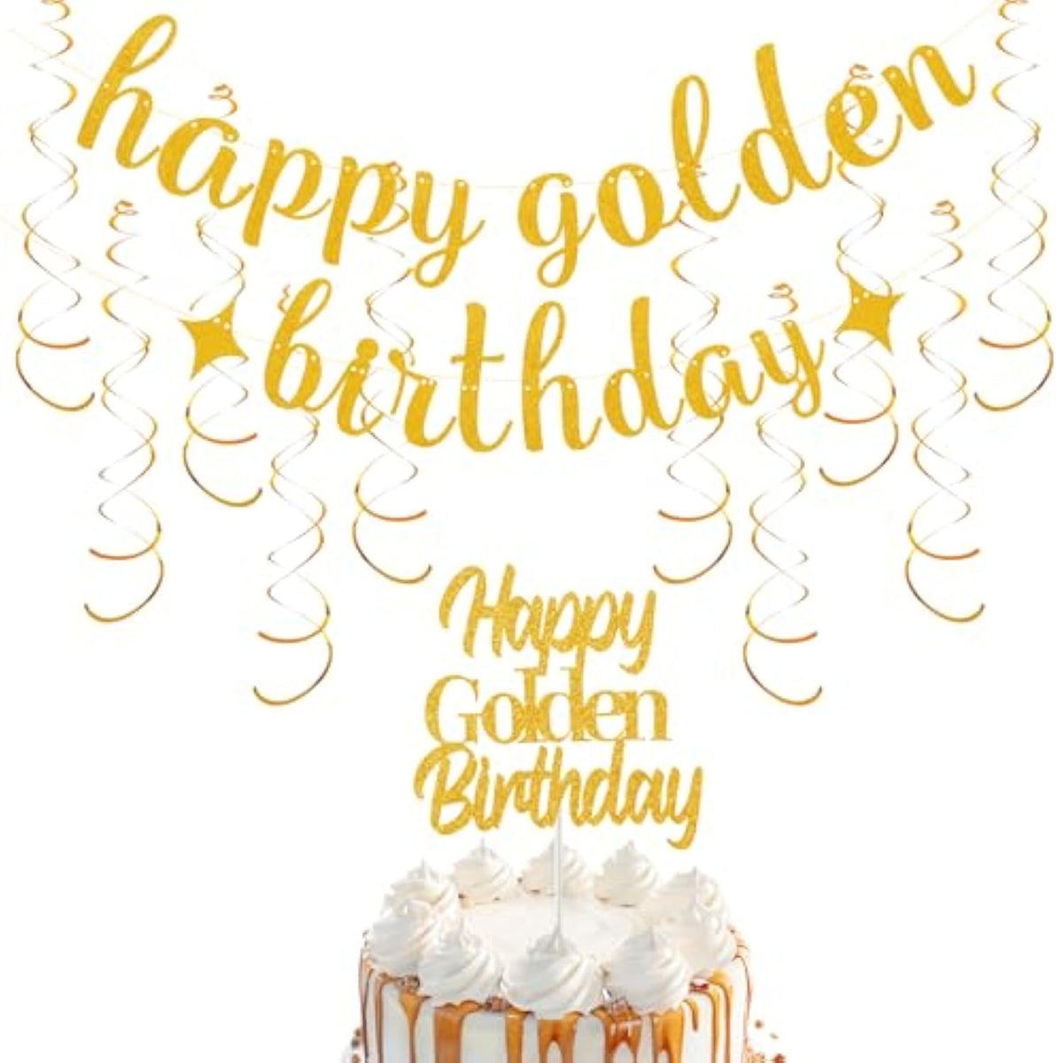 12Pcs Golden Birthday Decor with Banner, 10 Swirls and Glitter Cake Topper