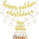 12Pcs Golden Birthday Decor with Banner, 10 Swirls and Glitter Cake Topper
