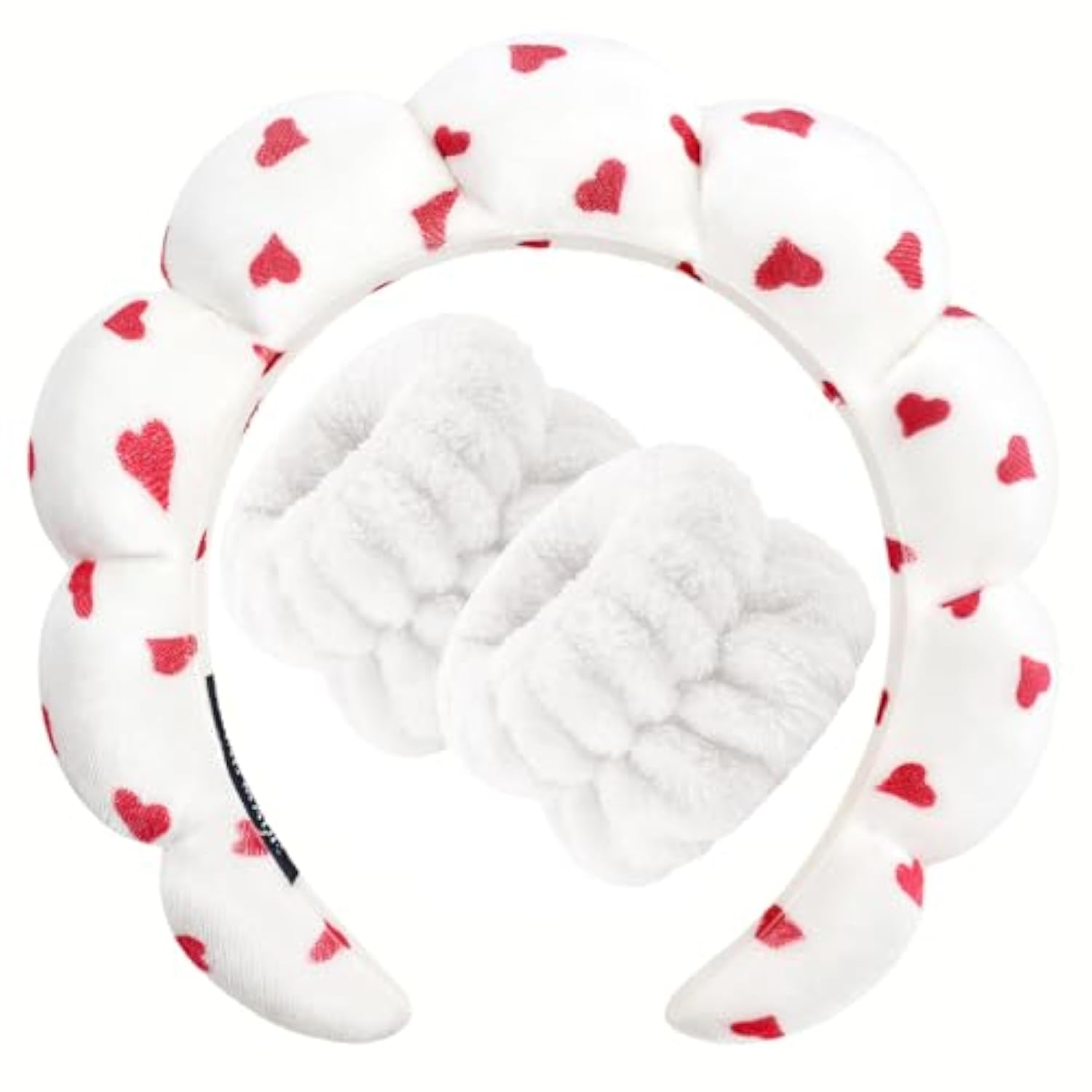 Spa Headband For Washing Face Wristband Set Sponge Makeup Skincare Velvet Fabric Bubble Soft Get Ready Hairbands For Women Puffy Headwear Non Slip Thick Thin Hair Accessory (Red Heart)