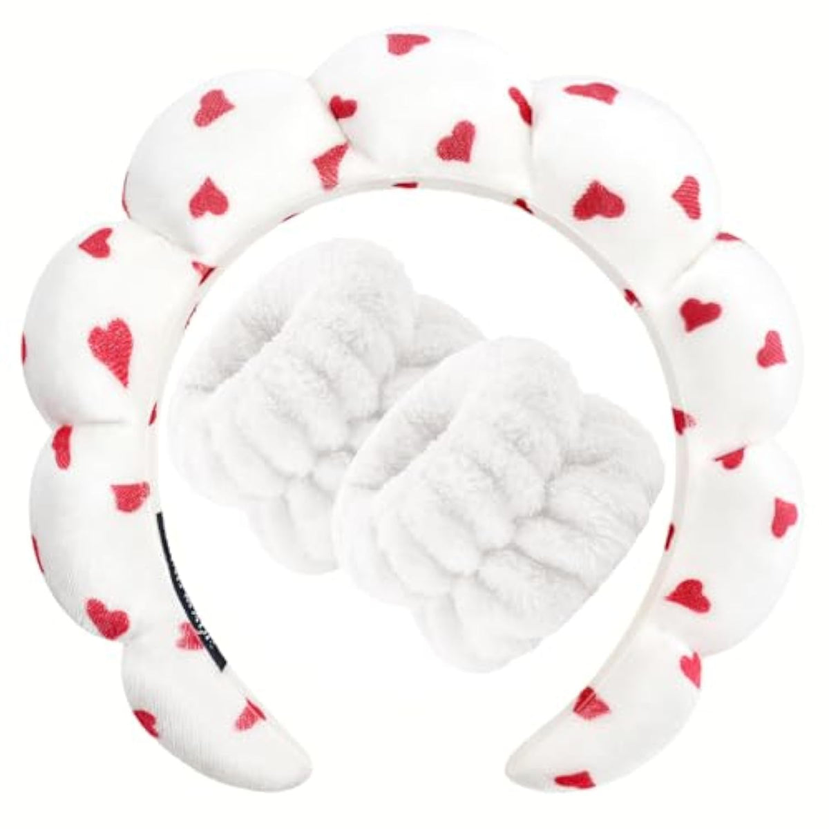 Spa Headband For Washing Face Wristband Set Sponge Makeup Skincare Velvet Fabric Bubble Soft Get Ready Hairbands For Women Puffy Headwear Non Slip Thick Thin Hair Accessory (Red Heart)