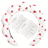 Spa Headband For Washing Face Wristband Set Sponge Makeup Skincare Velvet Fabric Bubble Soft Get Ready Hairbands For Women Puffy Headwear Non Slip Thick Thin Hair Accessory (Red Heart)