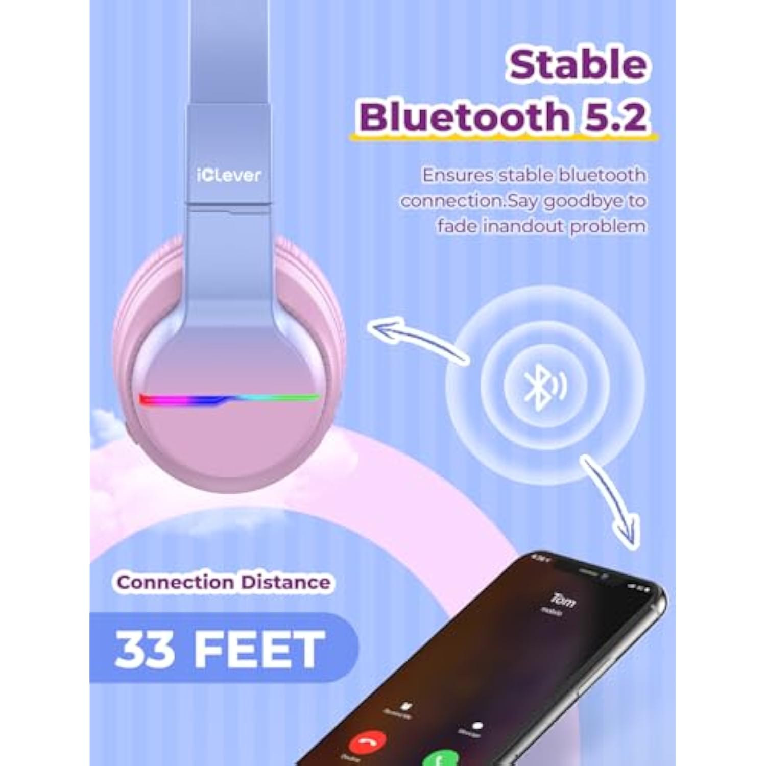 iClever BTH12 Kids Headphones, Colorful LED Lights Kids Bluetooth Headphones w