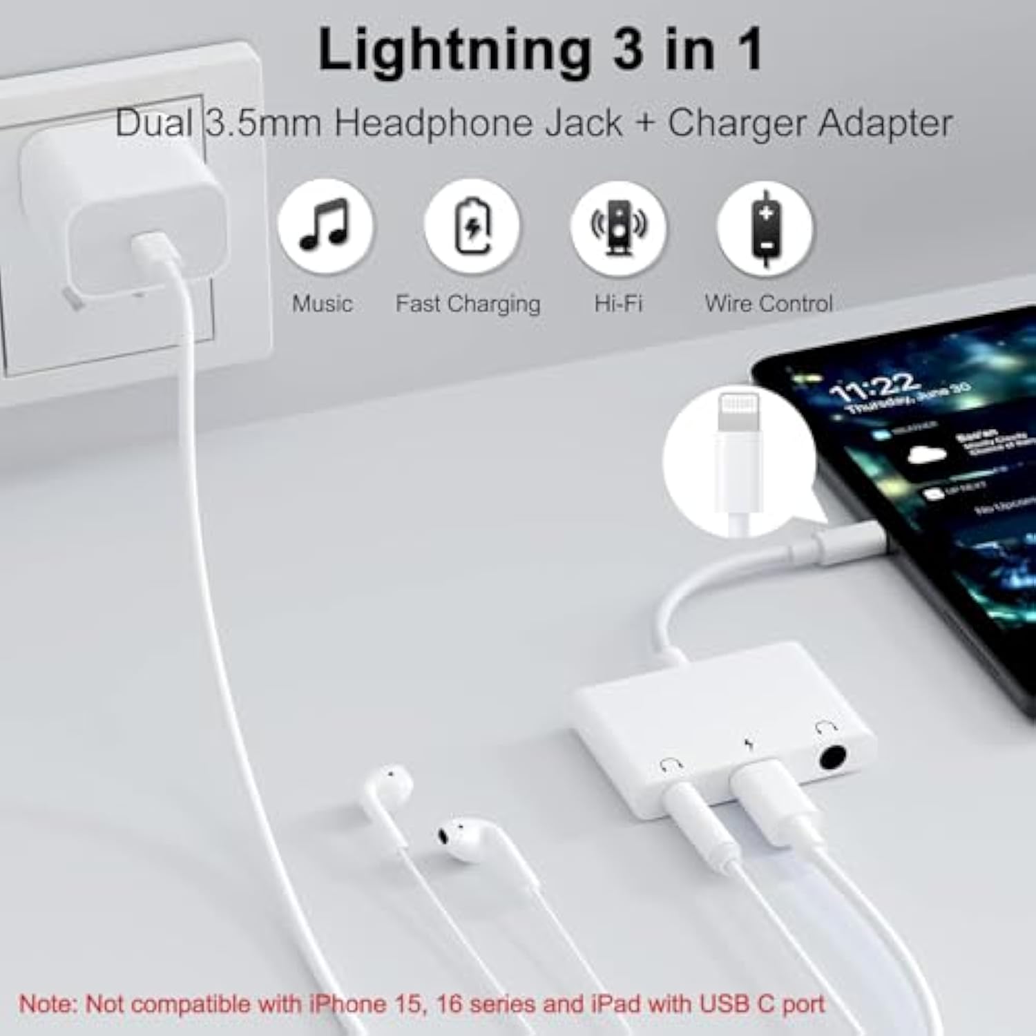 3 In 1 Dual 3.5Mm Headphone Jack Adapter - Earphone Jack Audio And Charging Adapter - Headphone Splitter For Iphone 14/13/ 12/11/ X/ 8/ Ipad - White