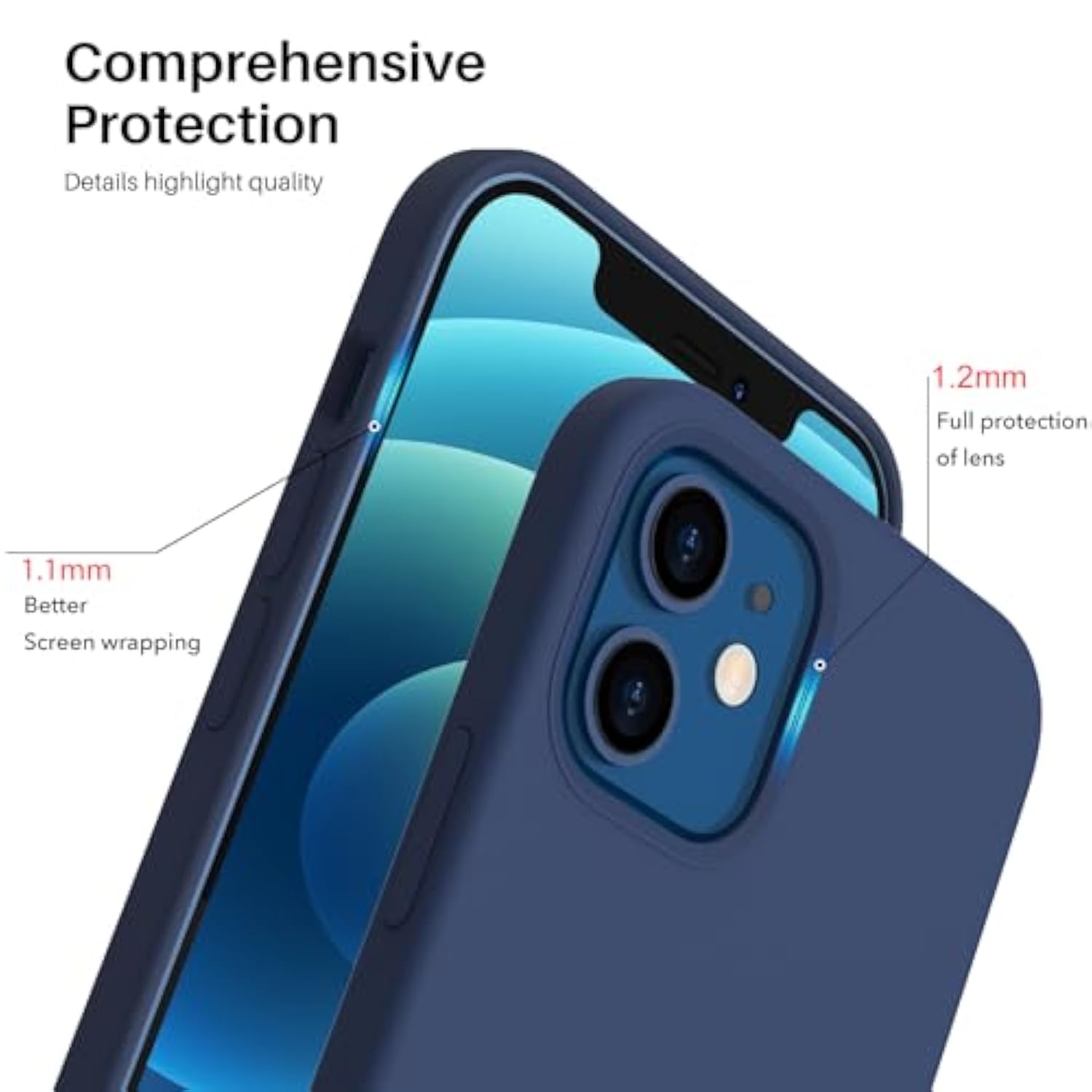 Compatible With 12 Case, Compatible With 12 Pro Case, Slim Liquid Silicone 3 Layers Full Covered Soft Gel Rubber Phone Case Cover 6.1 Inch-Navy Blue