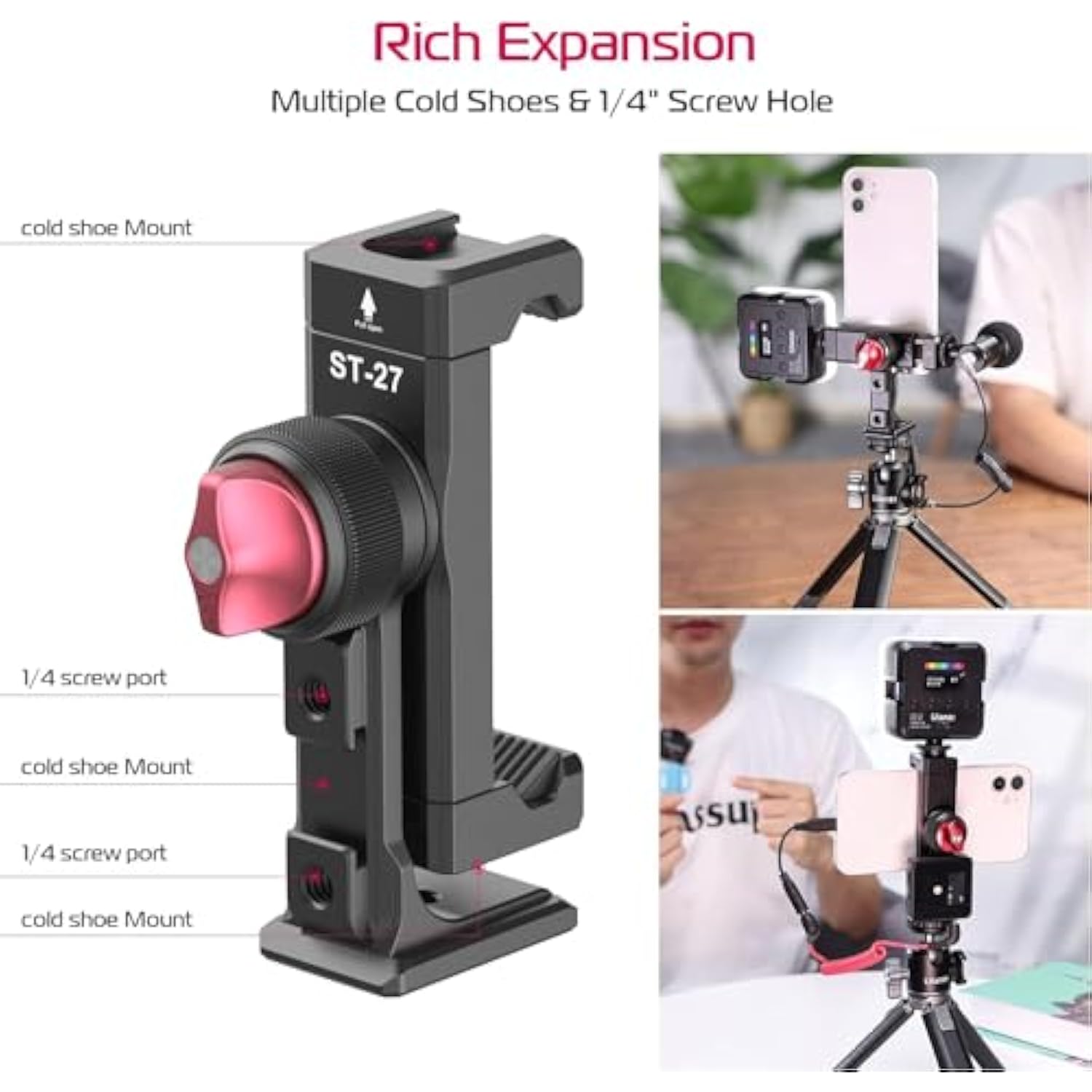 Metal Phone Tripod Mount 3 Cold Shoes & Arca Port, 360° Smartphone Tripod Adapter For Iphone Samsung Cell Phone Stand Holder For Desktop Tripod Video Live Streaming Vlogging Rig