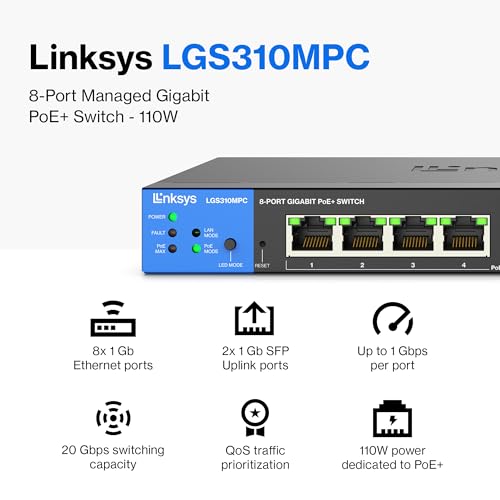 Lgs310Mpc 8 Port Gigabit Network Poe+ Switch @ 110W With 2 Uplink Gigabit Sfp Slots - Advanced Security, Qos, Static Routing, Vlan, Igmp Features - Metal Housing, Desktop / Wall Mount