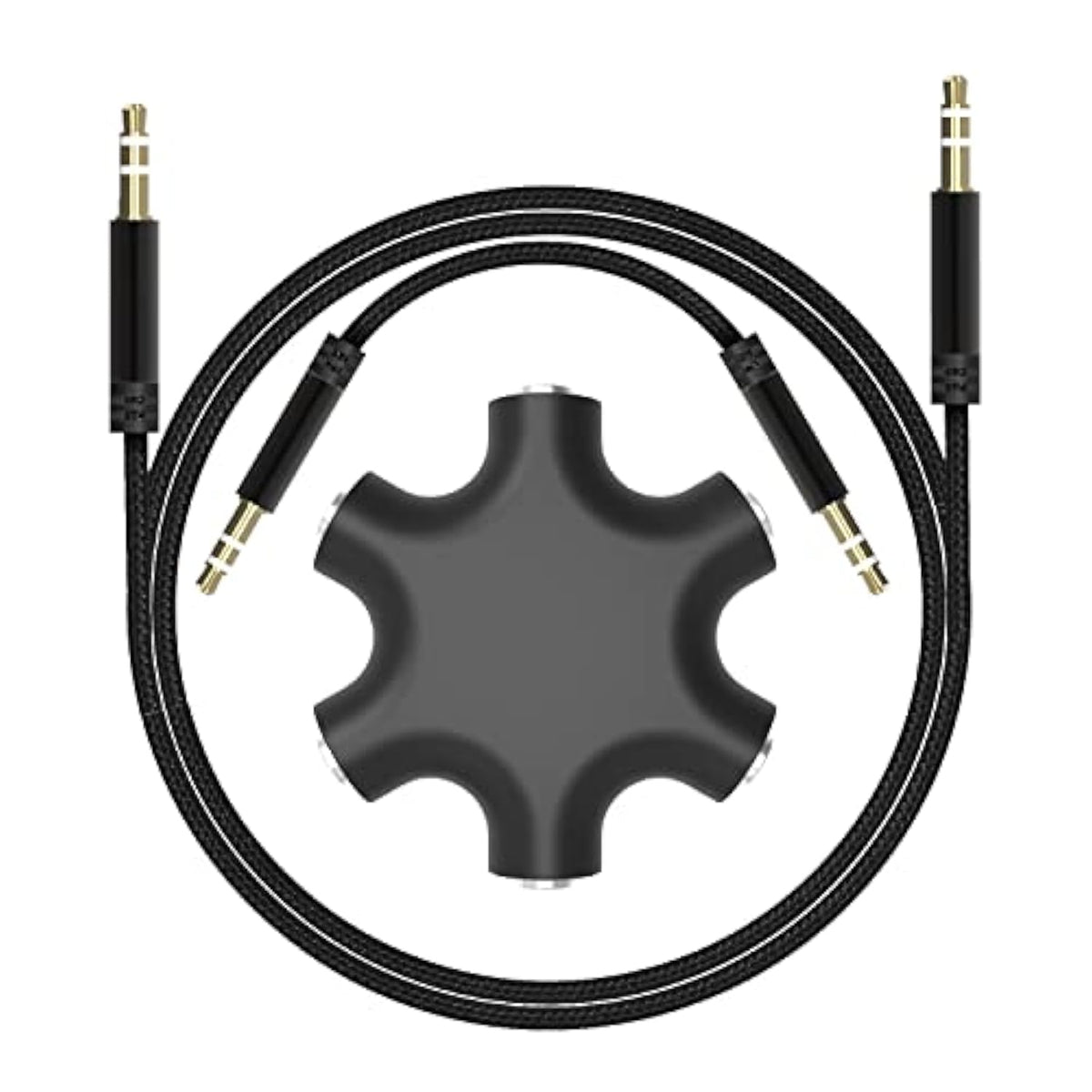 3.5Mm Multi Headphone Audio Splitter 5-Jack Female Connector Adapter With 3.5Mm Stereo Cable 20Cm & 100Cm, 3-In-1Pack
