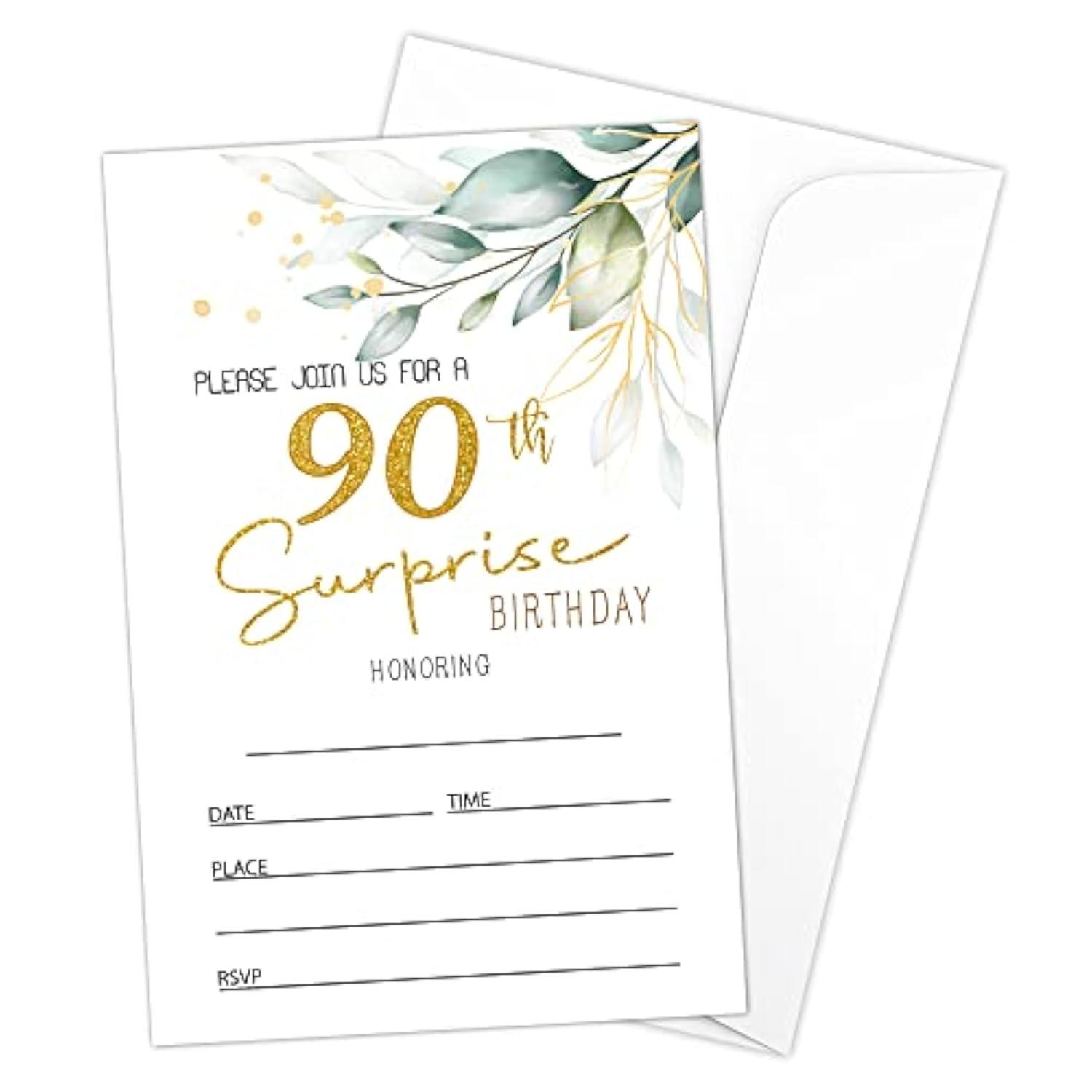 90Th Birthday Fill-In Invitations Cards With Envelopes (20 Count)?Greenery Surprise Birthday Party Supplies Decorations, Birthday Invites For Woman/Man - B14