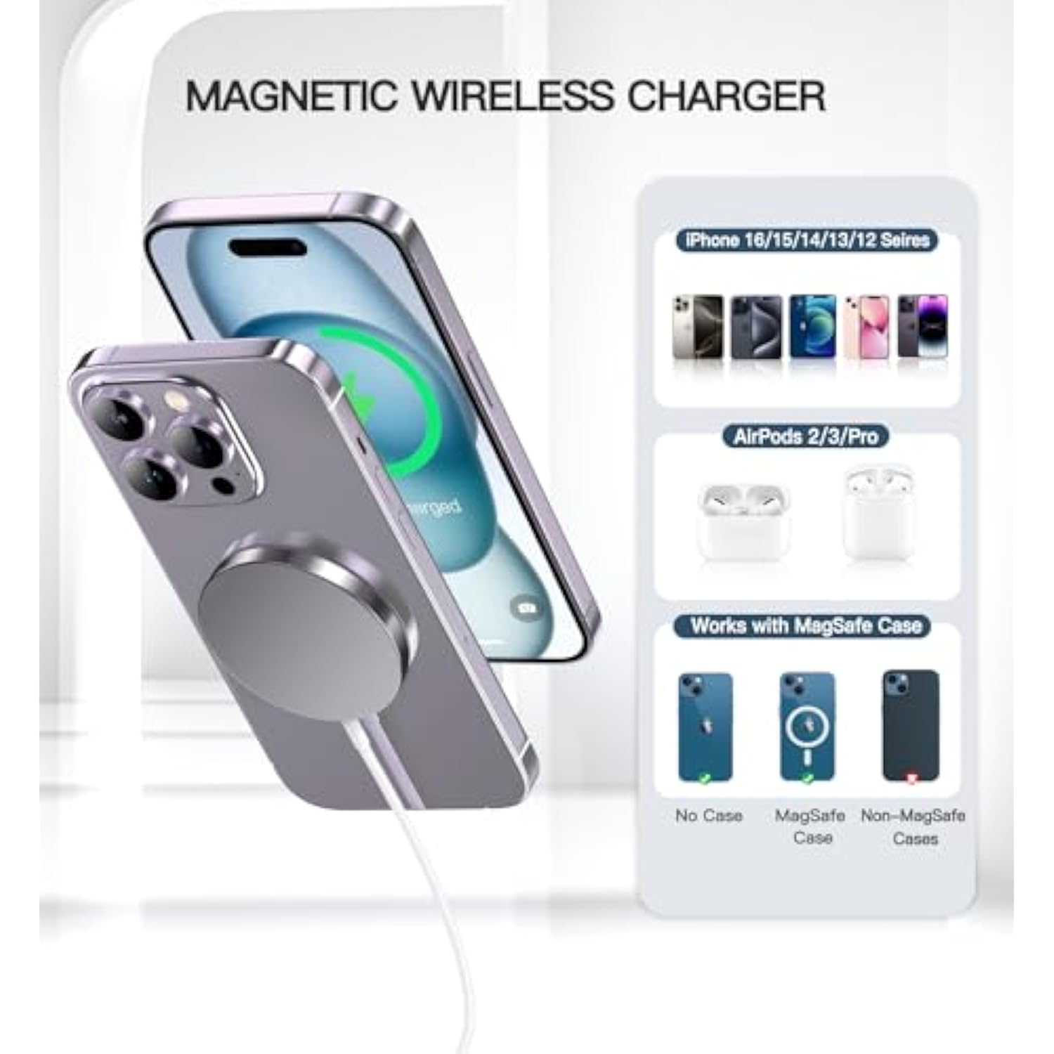 2-Pack 15W Magnetic Wireless Charger with 5ft Cable for iPhone and AirPods