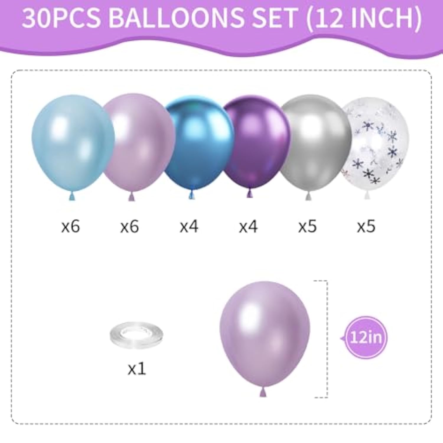 Frozen Party Balloons – 12" Blue, Purple, White & Silver with Snowflakes for Winter Decor