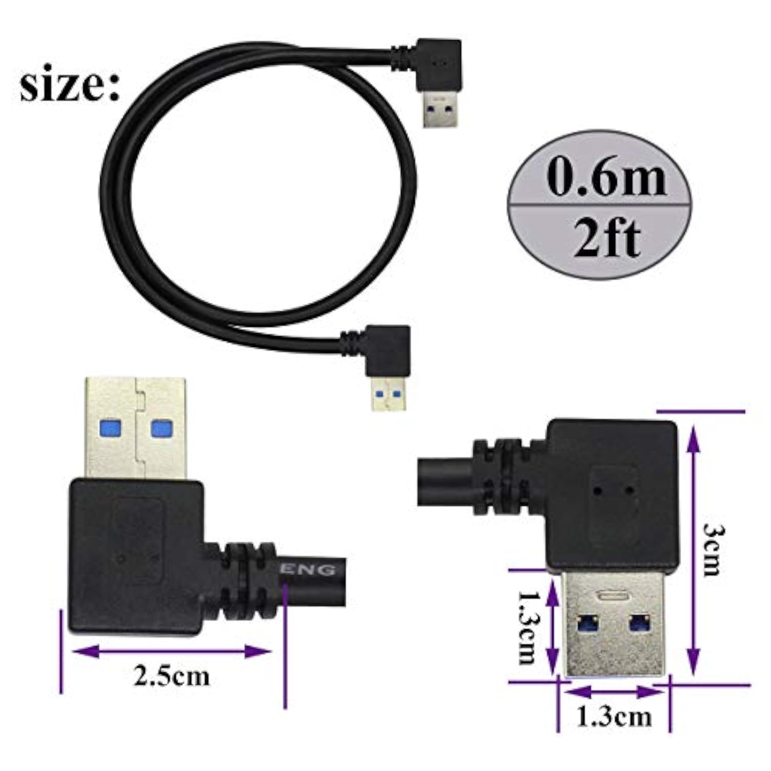 90 Degree 3.0 A Usb Cable Left & Right Angle Usb 3.0 A To A Male Charging And Transferring Data Extender Connector Cable For Usb Keyboard,Mouse,Flash Drive,Hard Drive.(0.6M/2Ft-Black)