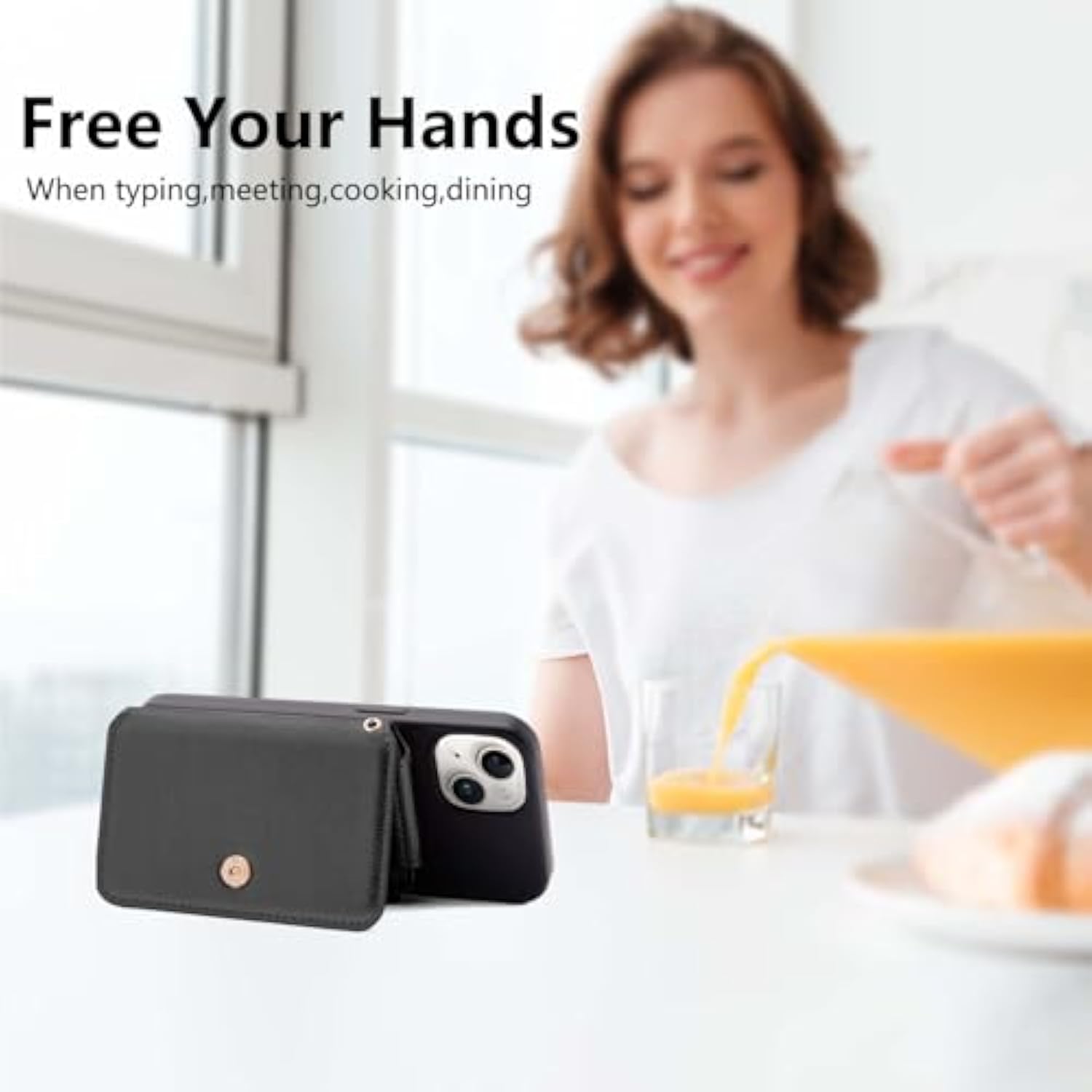 Phone Wallet with Card Holder, Zipper Coin Purse & Lanyard for iPhone 14 - Black