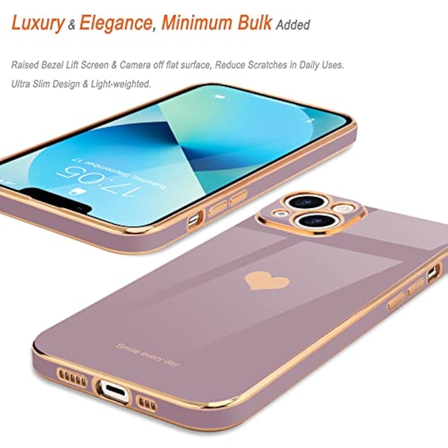 For Iphone 13 Mini Case For Women Girl Cute Love-Heart Luxury Bling Plating Soft Back Cover Raised Full Camera Protection Bumper Silicone Shockproof Phone Case For Iphone 13 Mini, Lavender