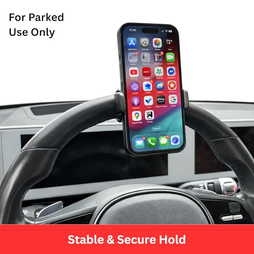 Steering Wheel Phone Holder Mount for Parked Use, Universal Clamp Fits Most Phones, 360° Rotating Adjustable Bracket, Quick Attach Detach, Hands-Free
