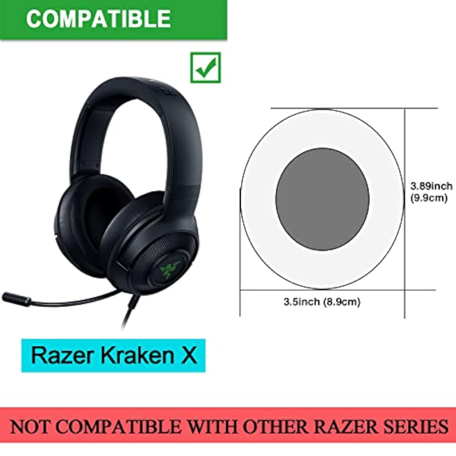 Replacement Memory Foam & Protein Leather Ear Cushion Pads Cover For Razer Kraken X, Kraken X Ultralight, Kraken X Lite Over-Ear Headphones Only - Oval (Black)