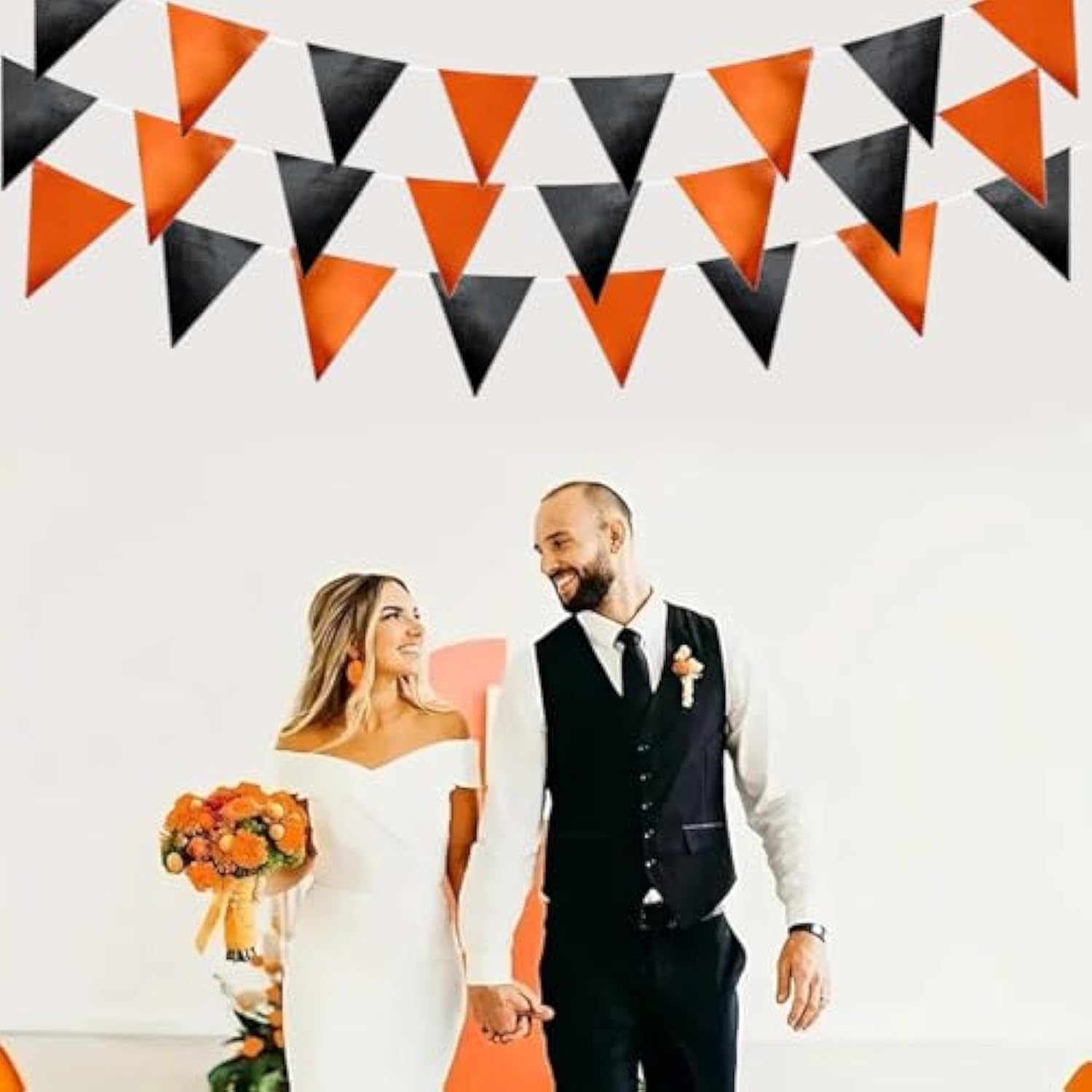 39Ft Black Orange Glitter Fabric Bunting Banner Triangle Flags for Party Decor