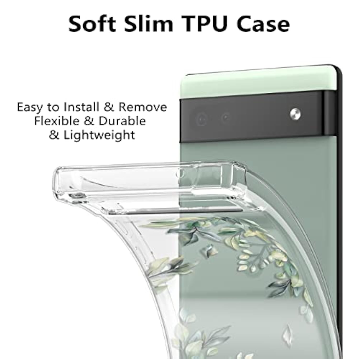 Floral Case For Google Pixel 7,Clear Leaves Case Slim Cute Cover For Girls Women,Transparent Soft Tpu Bumper Protective Case With Reinforced Corners,Green Leaves