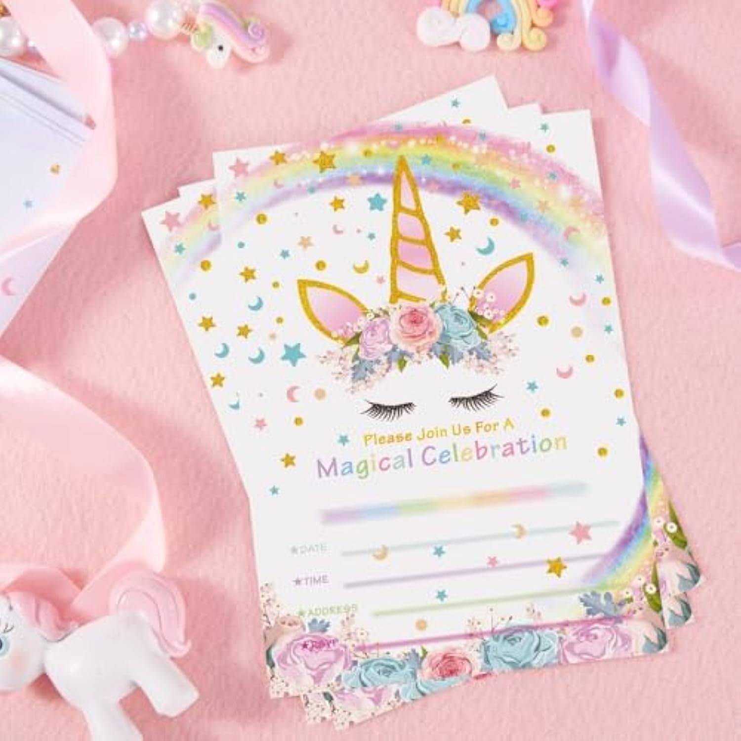 20 Sets Unicorn Party Invitations - Unicorn Party Suppies For Girls Birthday Invitation Cards With Envelopes Fill-In Blank Invite For Kids Summer Baby Shower Decoration