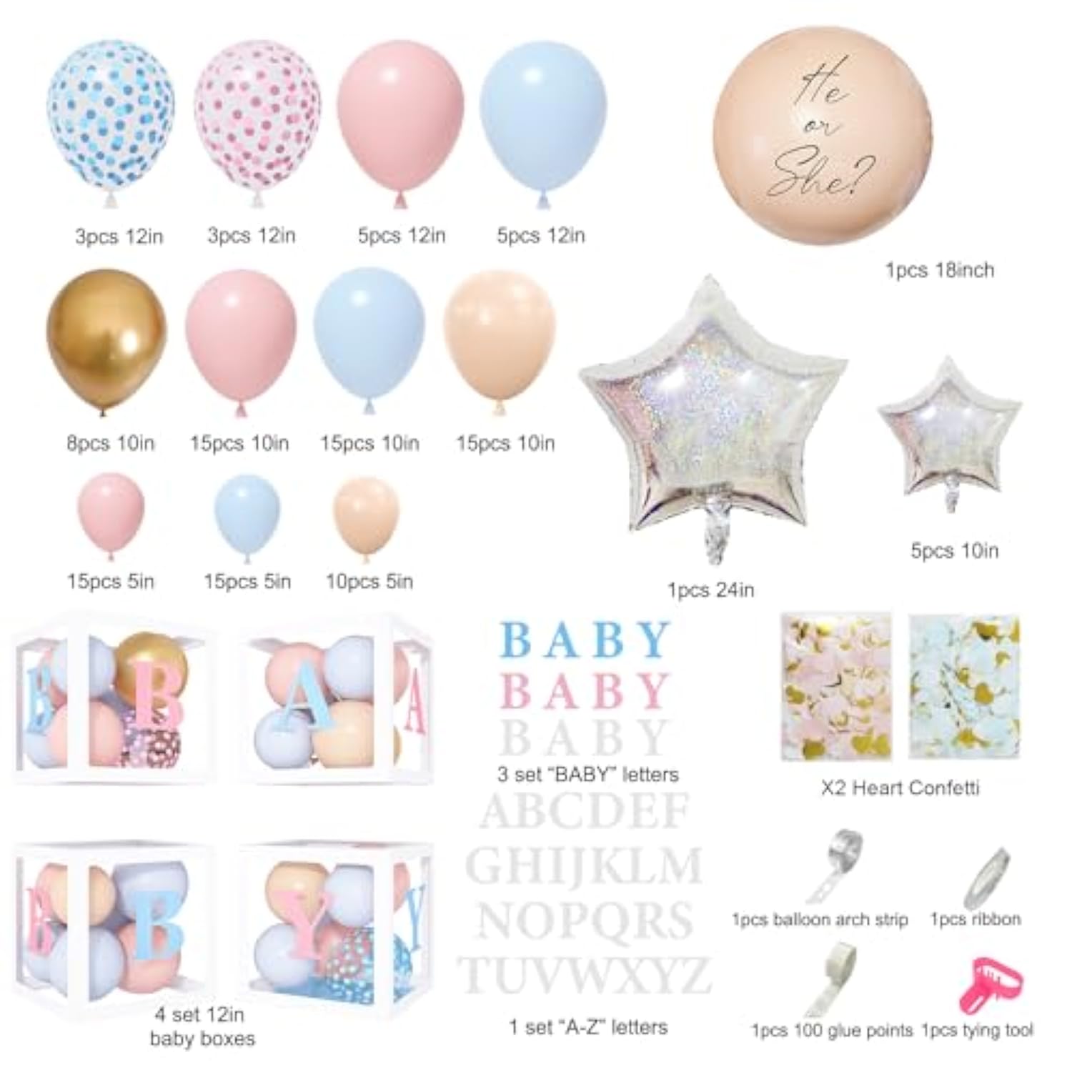 164Pcs Gender Reveal Balloon Boxes Decorations, Pink And Blue Balloon Garland Kit 4Pcs Boxes With Letters (A-Z+Baby) For Baby Shower Birthday He Or She Gender Reveal Party Supplies