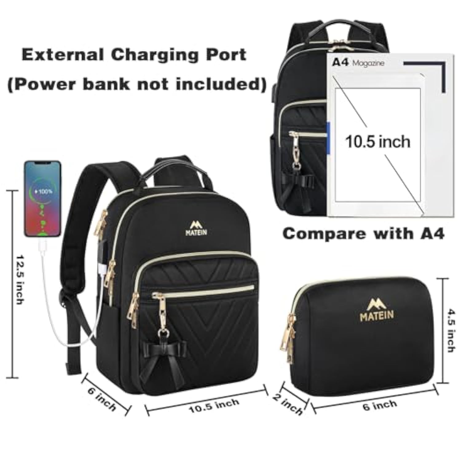 Mini Backpack For Women, Waterproof Stylish Daypack Purse Shoulder Bag With Usb Charging Port, Lightweight Small Casual Daily Travel Backpack, Lady Girls Gifts For Work School, 2Pcs Sets, Black