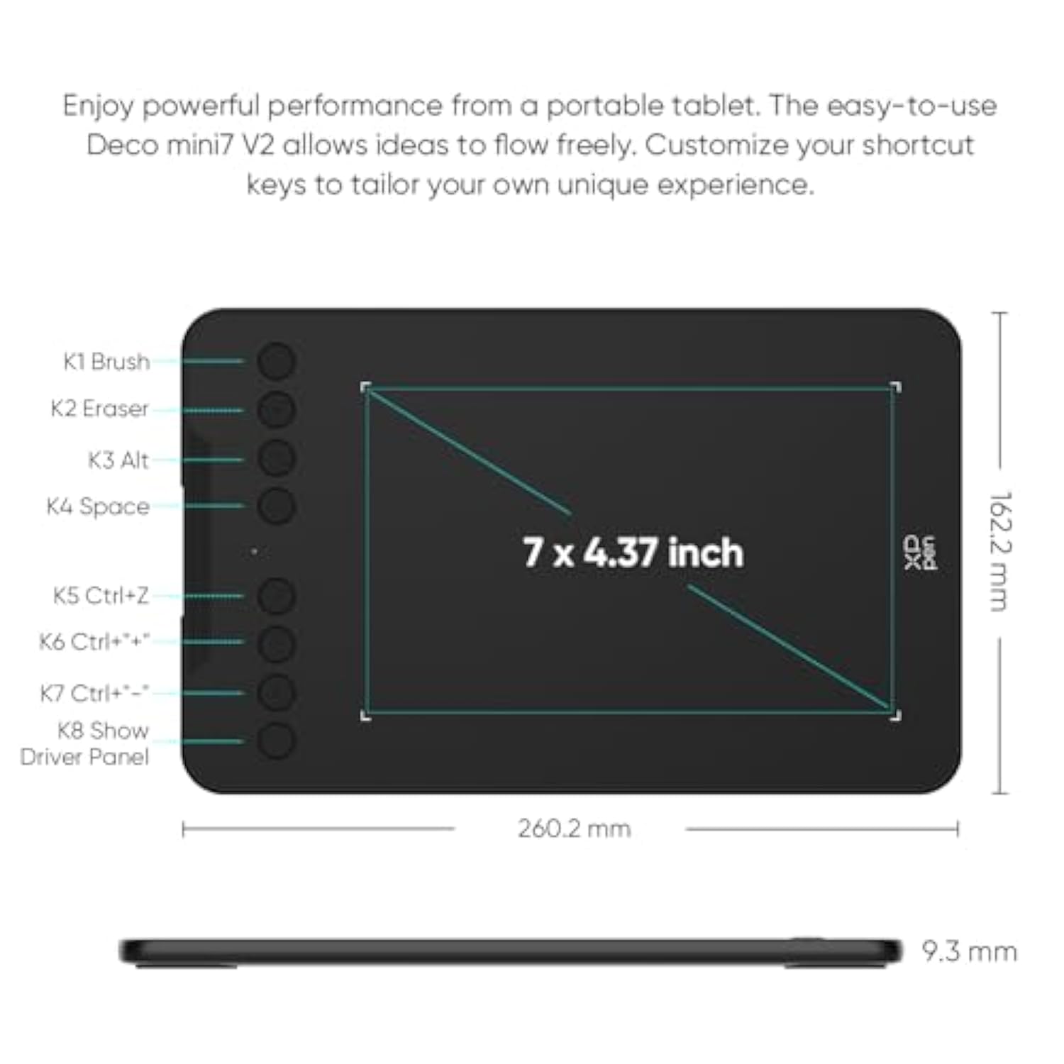 Xppen Updated Deco Mini7 V2 Drawing Tablet-16384 Levels Of Pressure Battery-Free Stylus, 7 X 4 Osu Drawing Pad, 8 Hotkeys For Digital Art, Teaching, Gaming Graphic Tablet For Chrome, Pc, Mac, Android