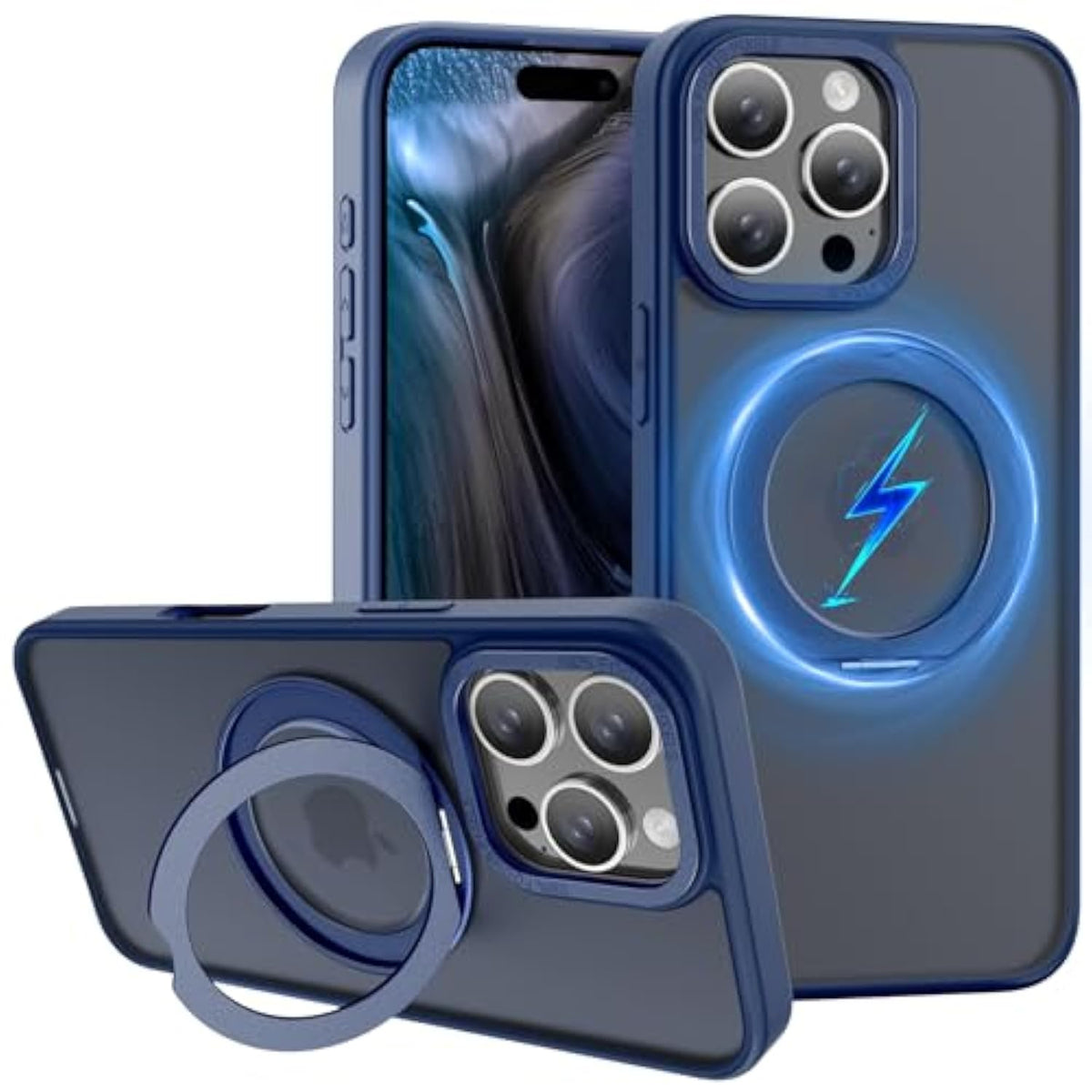 360° Rotatable Ring For Iphone 16 Pro Max Case Magnetic, [Military Grade Drop Proof] [Translucent Frosted Back Panel] Slim Non-Slip Matte Phone Case For Iphone 16 Promax 6.9'', Navy Blue