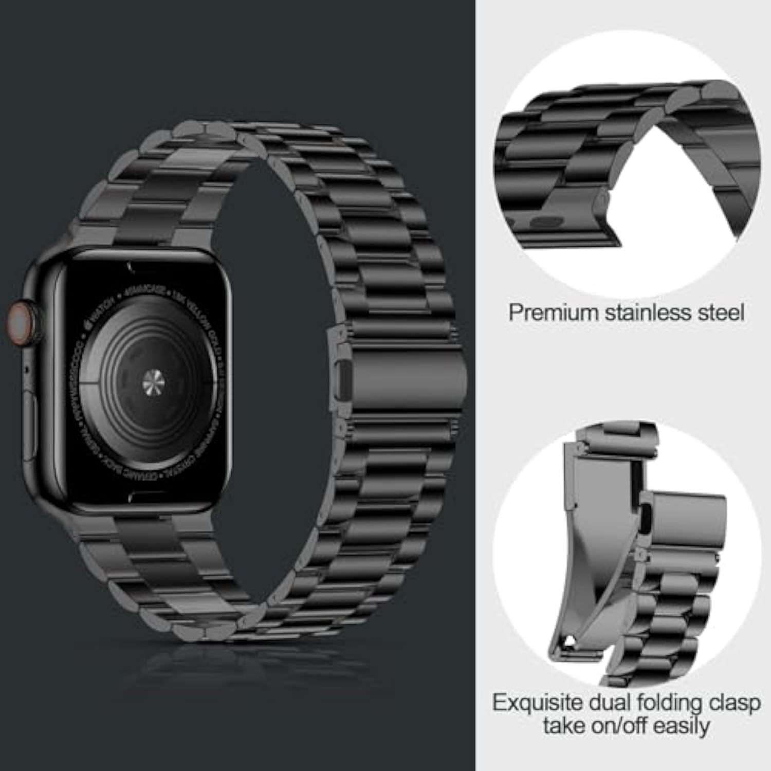 Lightweight Stainless Steel Band Designed For Apple Watch Ultra 2 & Ultra, Series 1-10, 46Mm, 45Mm, 44Mm, 42Mm, Replacement Iwatch Bands For Men & Women,Black