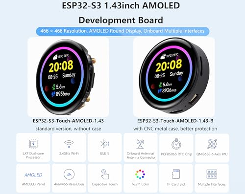 Esp32-S3 1.43Inch Amoled Display Development Board, 466X466 Resolution 16.7M Color Qspi Interface, Esp32 With Capacitive Touch Amoled Round Lcd, Support 2.4 Ghz Wi-Fi And Ble 5, With Cnc Metal Case