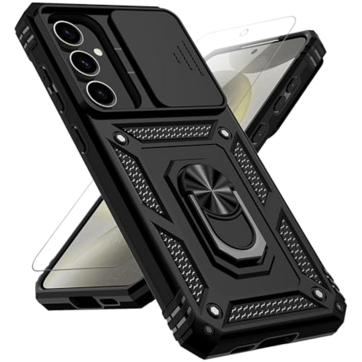 For Samsung Galaxy S24 Fe Case With Slide Camera Cover Hd Screen Protector [Military Grade 16Ft. Drop Tested] Magnetic Ring Holder Kickstand Protective Phone Case For Galaxy S24 Fe 5G 2024, Black