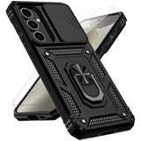 For Samsung Galaxy S24 Fe Case With Slide Camera Cover Hd Screen Protector [Military Grade 16Ft. Drop Tested] Magnetic Ring Holder Kickstand Protective Phone Case For Galaxy S24 Fe 5G 2024, Black